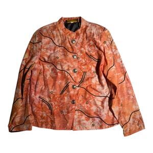 Vtg 1990s Alex Ku Coral Orange Watercolor Floral Mandarin Collar Jacket Sz M